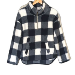 Old Navy Black Gray & Cream Plaid Faux Sherpa Pullover Jacket Size S NWT